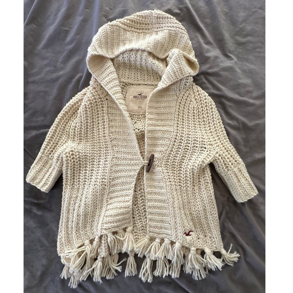 Vintage Hollister Sweater Womens XXS Cream Chunky Wool Blend Hooded Toggle Y2K